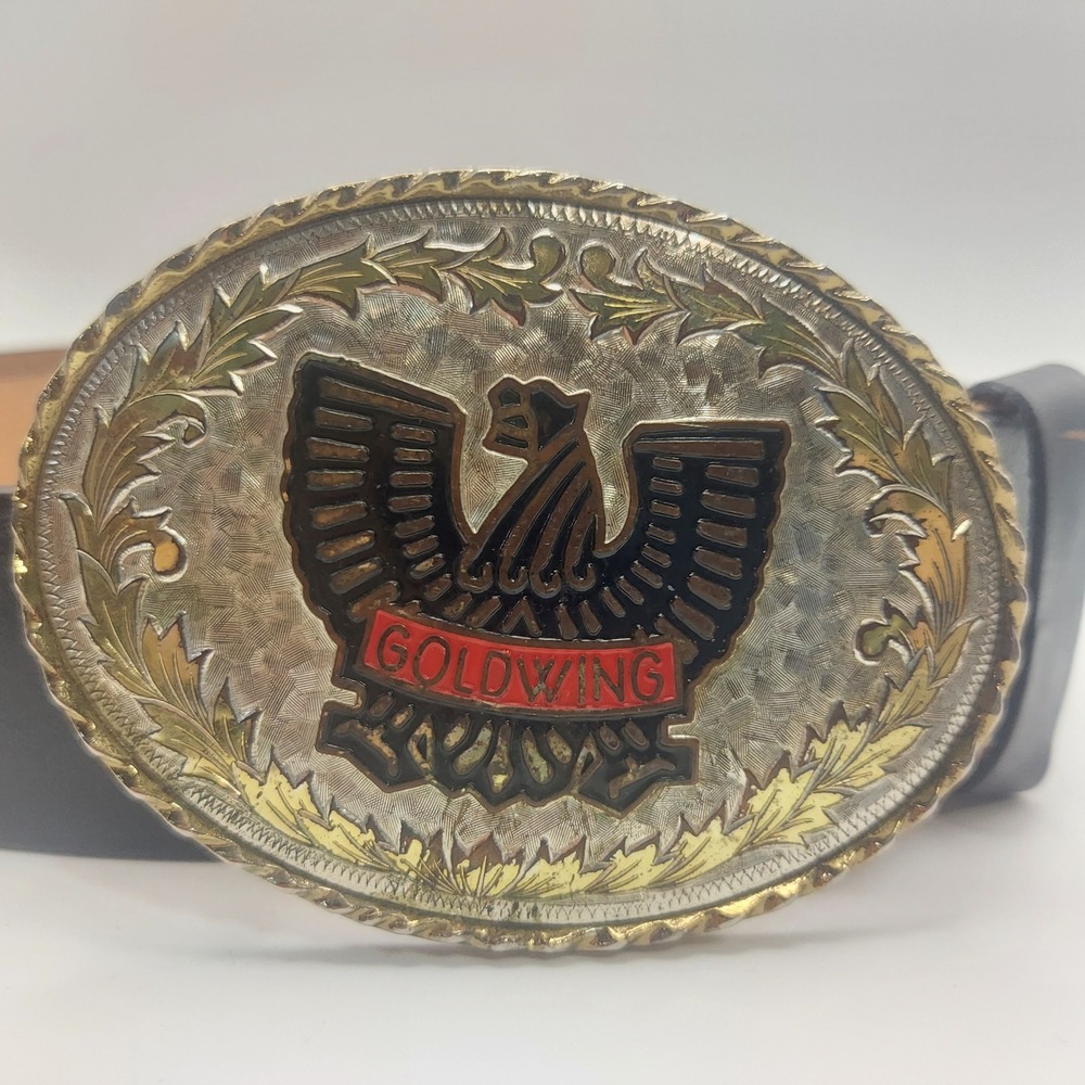 Goldwing Eagle‎ Western Belt Black Leather Silver Gold Tone Mens Size 38